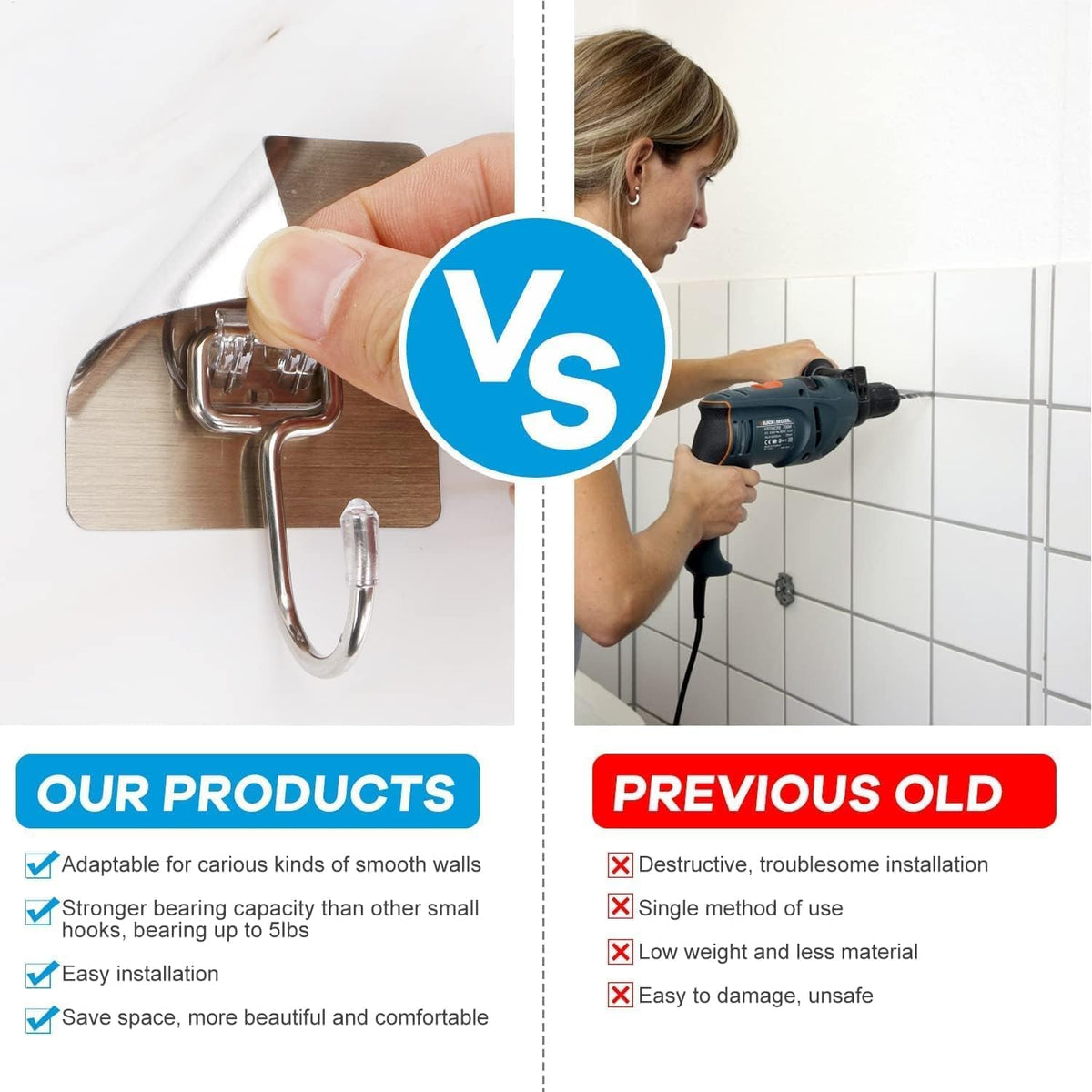 Heavy-Duty Adhesive Wall Hooks – No Drilling, No Damage | Pack of 20